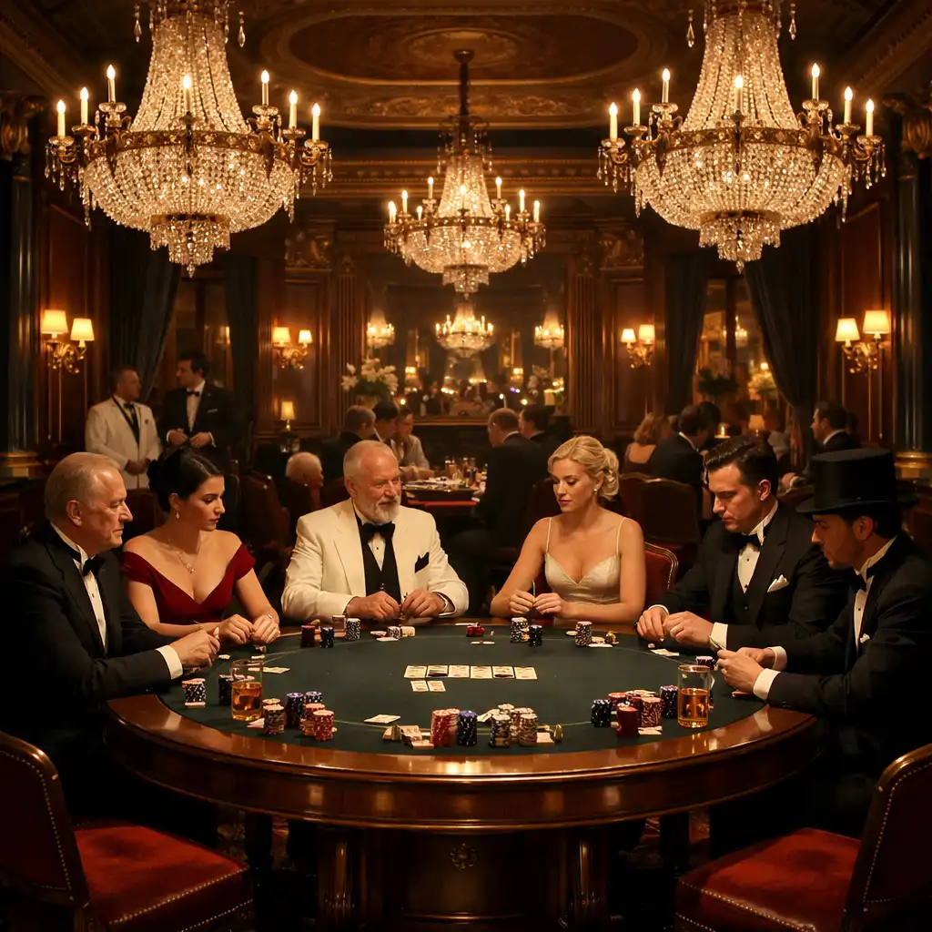 Vue d'ensemble d'un salon de casino Belle Époque avec une table de poker en bois sombre, des lustres en cristal et une lumière tamisée