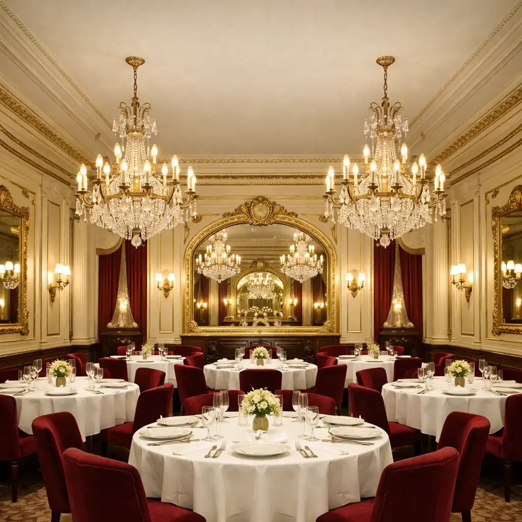 Salle à manger principale avec tables rondes, nappes blanches et chaises en velours bordeaux