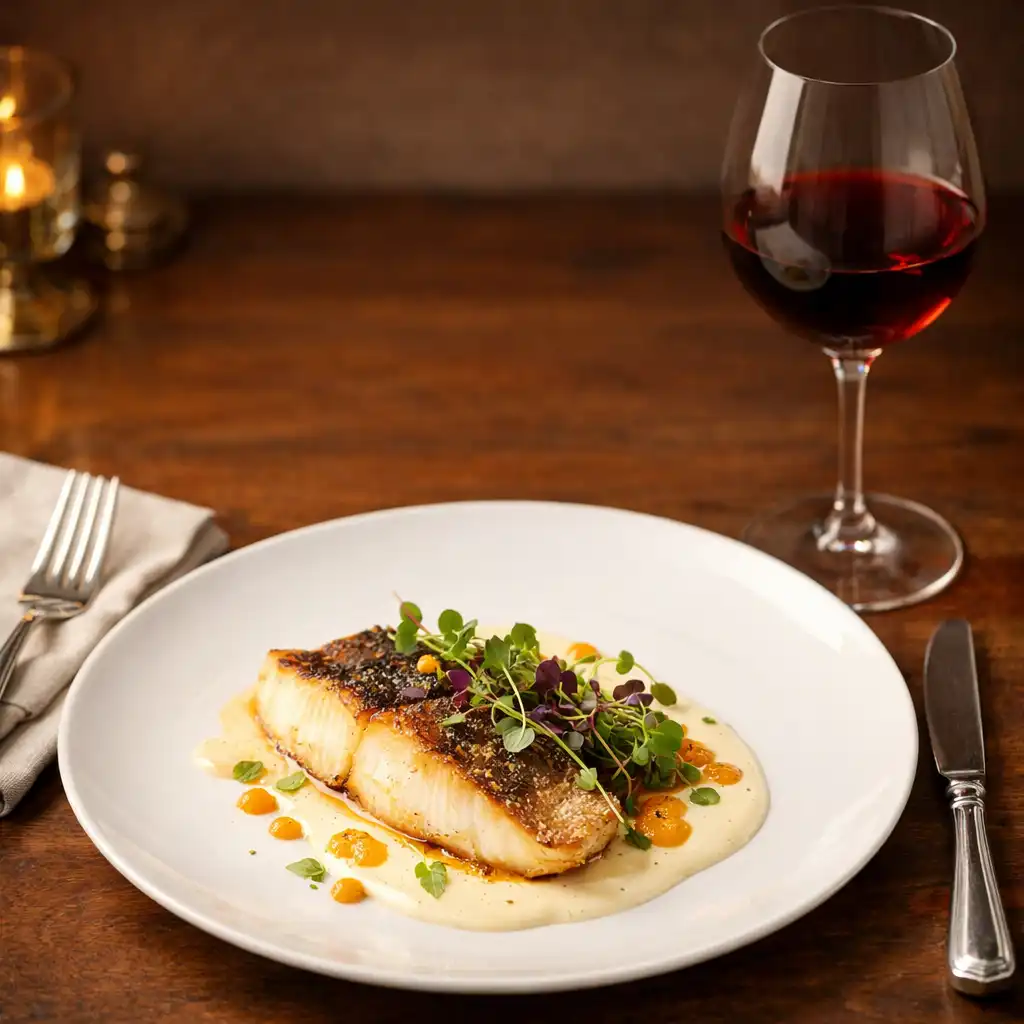 Plat signature français présenté avec art, filet de poisson avec sauce et micro-pousses