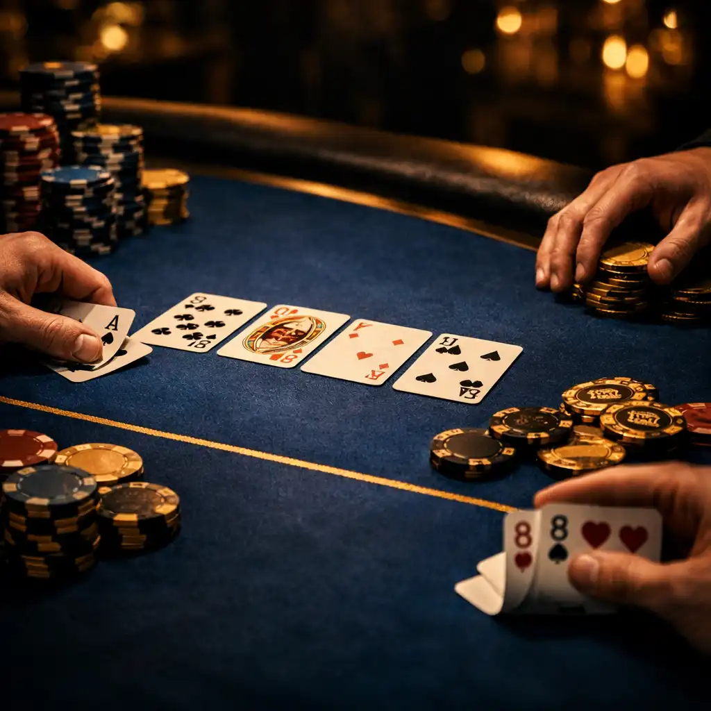 Gros plan sur une table de poker avec cartes, jetons et mains de joueurs