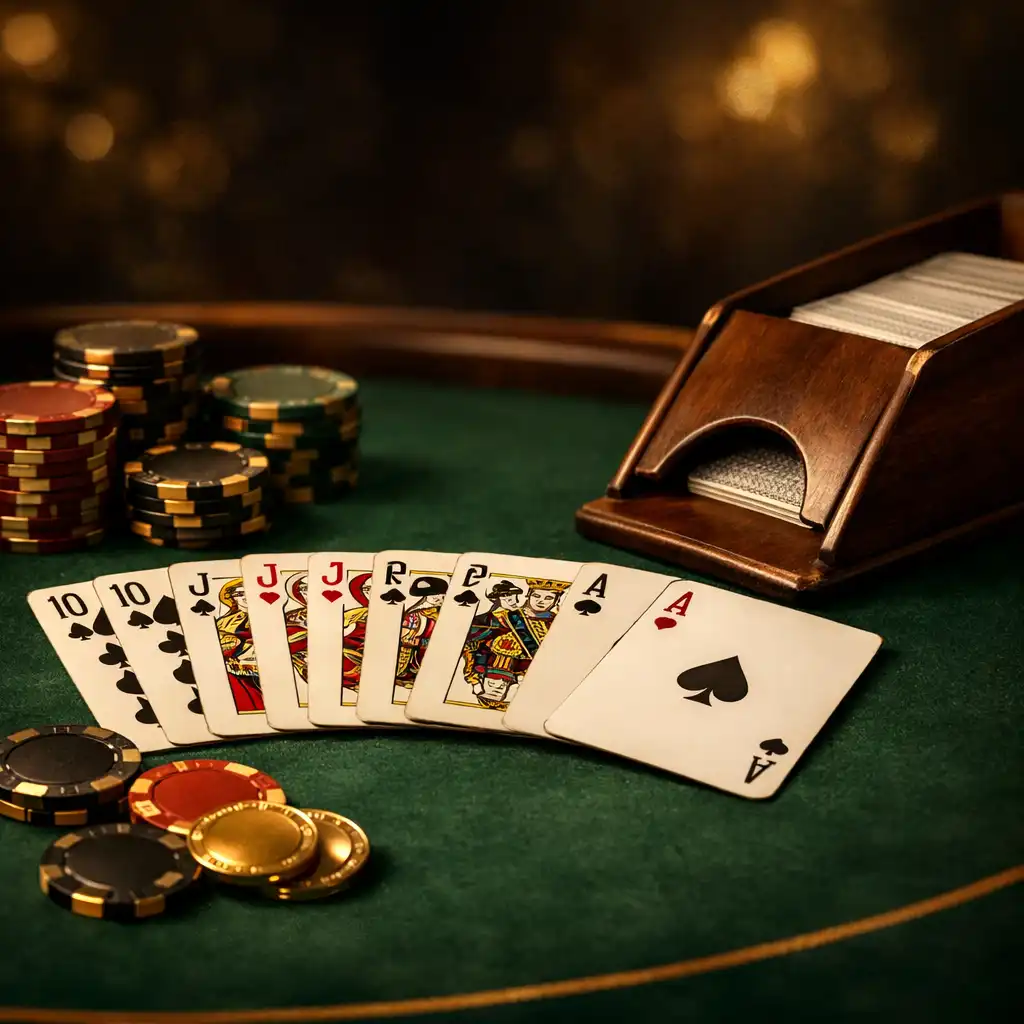 Gros plan sur une table de blackjack avec tapis feutré vert, cartes en éventail et sabot en bois