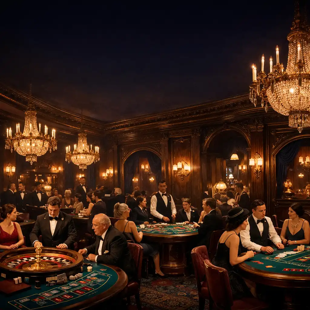 Salle de jeu élégante avec tables de roulette et de blackjack, ambiance Belle Époque