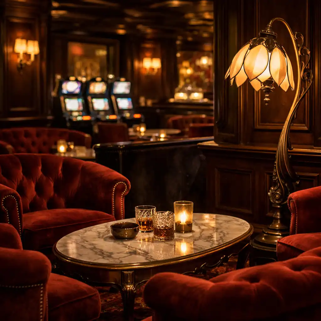 Coin salon du casino avec fauteuils en velours rouge, table basse en marbre et lampadaire Art nouveau