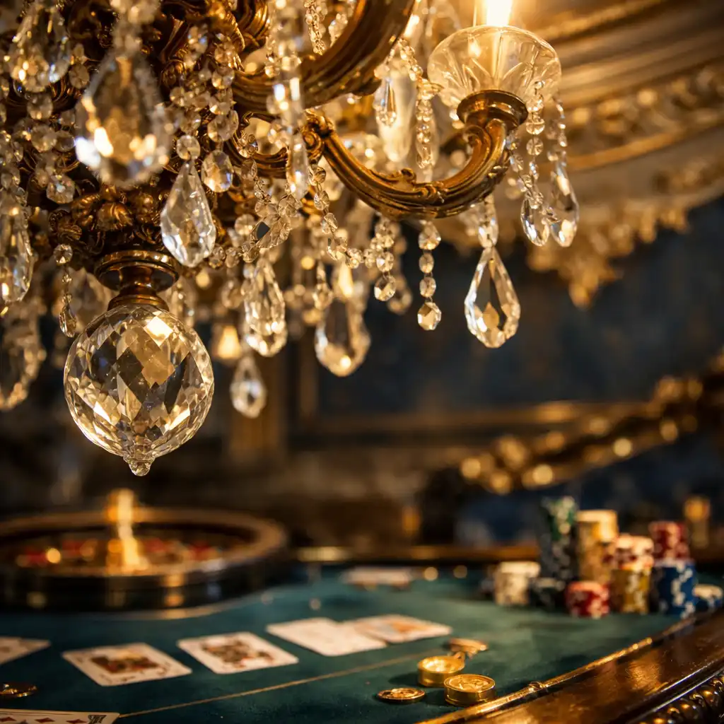 Détail décoratif d'un lustre en cristal au-dessus d'une table de jeu, avec reflets dorés et moulures au plafond
