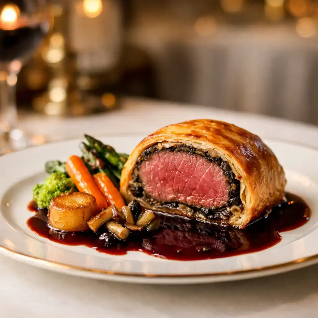 Gros plan d'un filet de bœuf en croûte avec sauce au vin rouge, plat signature des Trois Assiettes