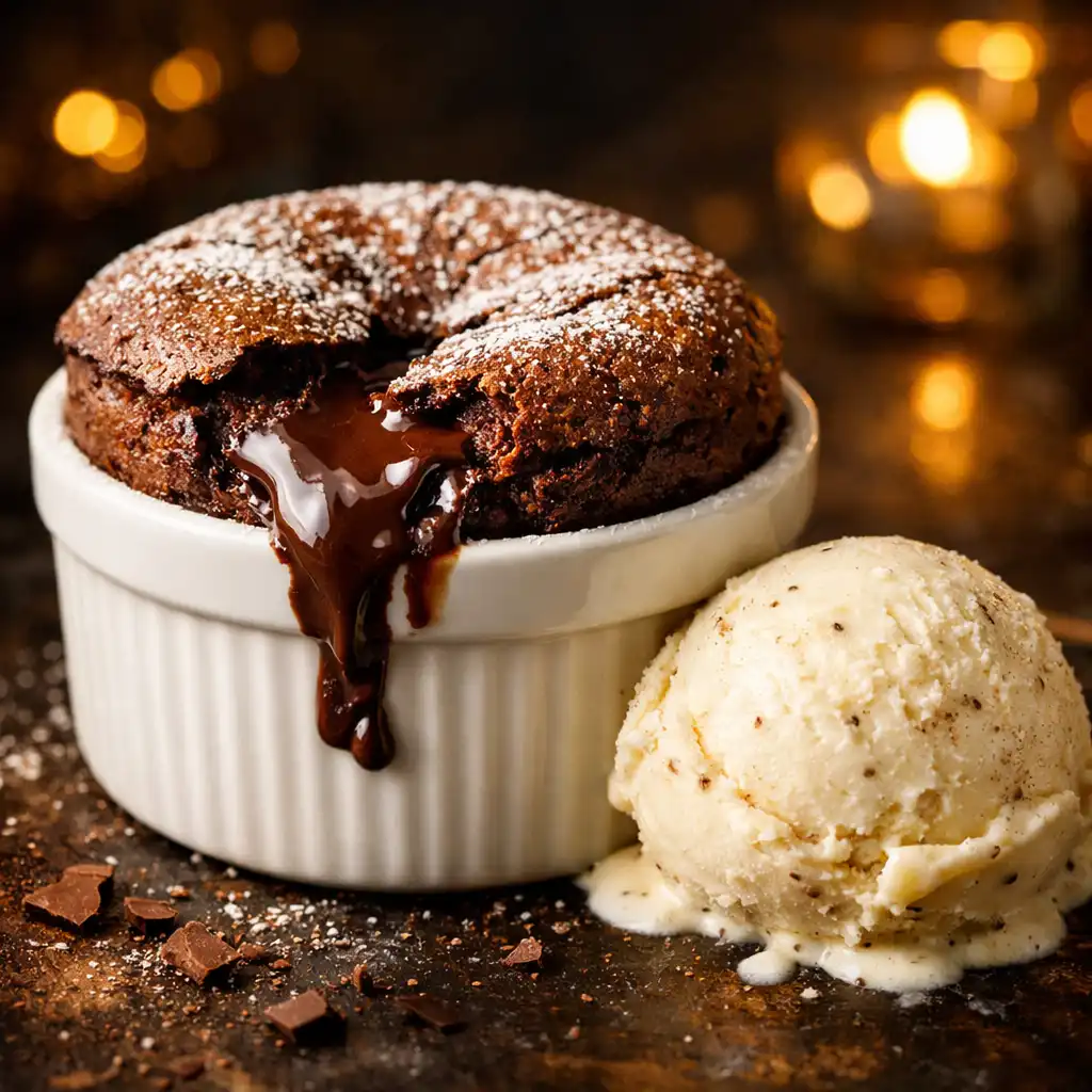 Soufflé au chocolat grand cru avec cœur coulant et glace vanille