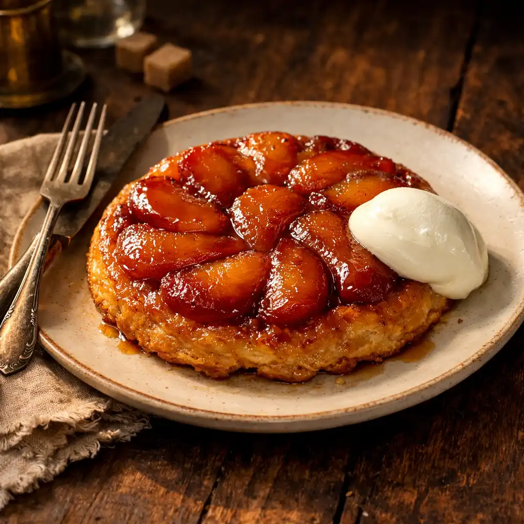 Tarte Tatin aux pommes caramélisées avec crème fraîche