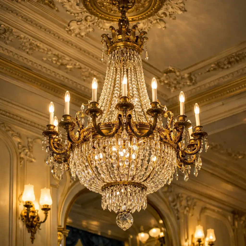 Détail architectural d'un lustre en cristal et bronze doré suspendu à un plafond orné de moulures