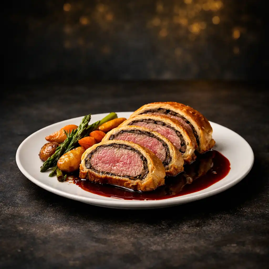 Filet de bœuf en croûte tranché, sauce au vin rouge et légumes rôtis