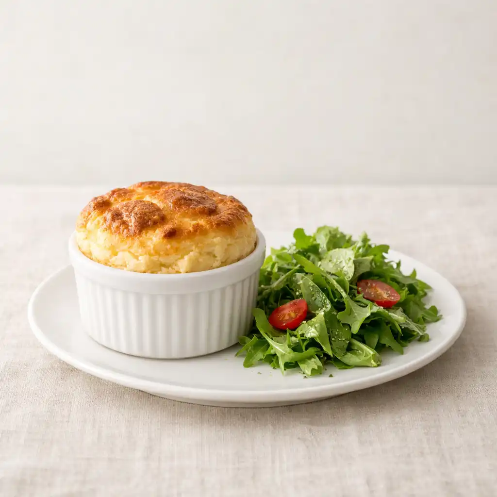 Soufflé au fromage doré et gonflé, servi avec une salade verte