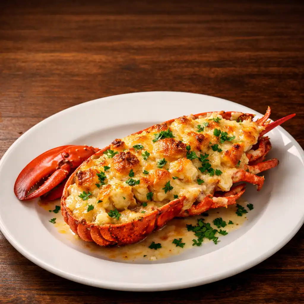 Homard thermidor gratiné dans sa coquille avec sauce crémeuse