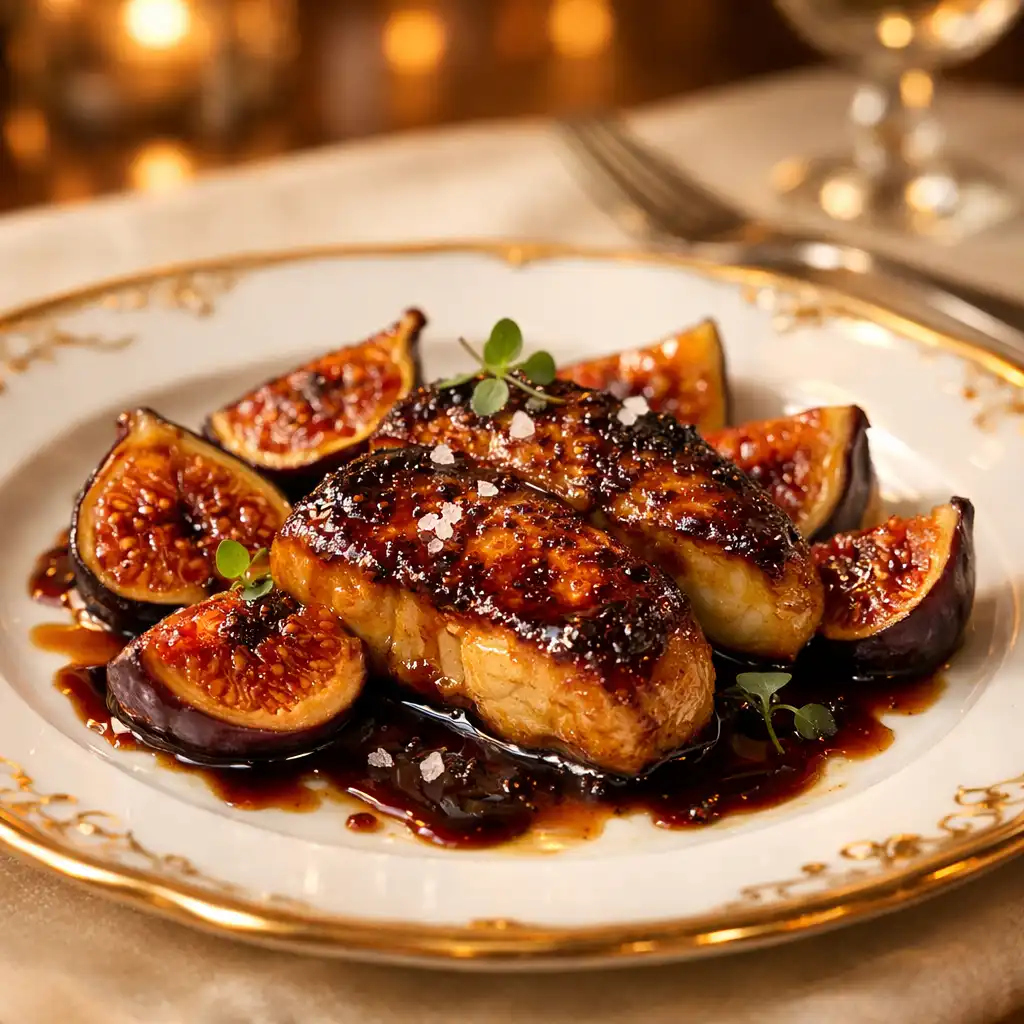 Foie gras poêlé aux figues rôties, présenté sur une assiette en porcelaine blanche