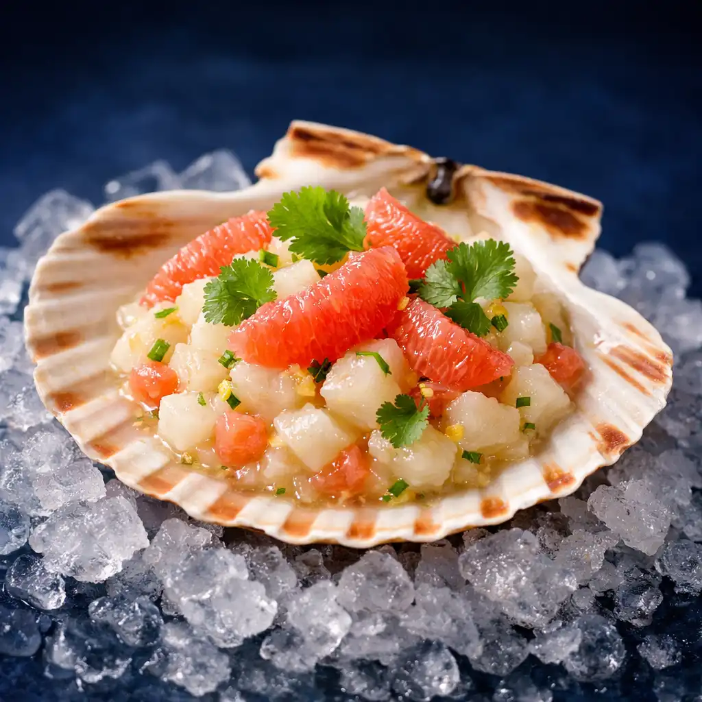 Tartare de Saint-Jacques aux agrumes présenté dans une coquille naturelle