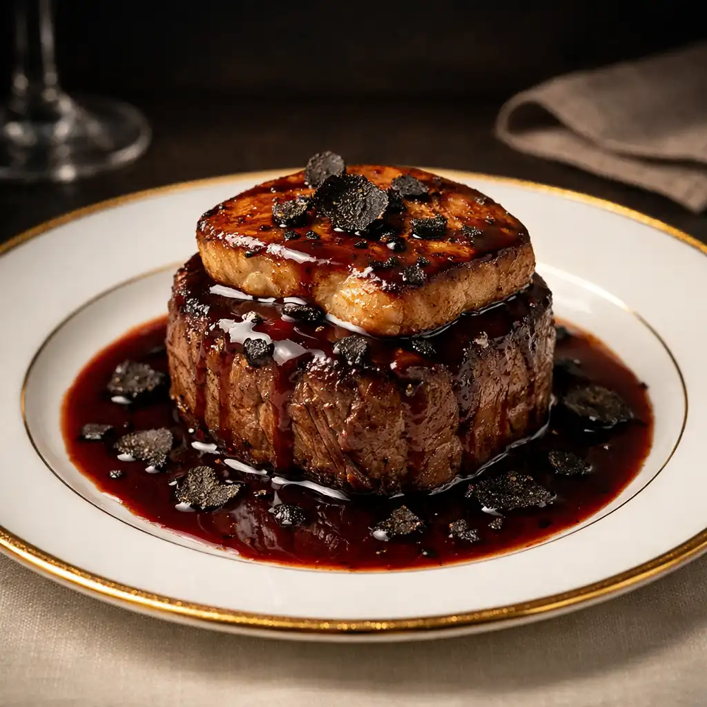 Filet de bœuf Rossini avec foie gras poêlé et sauce au vin rouge