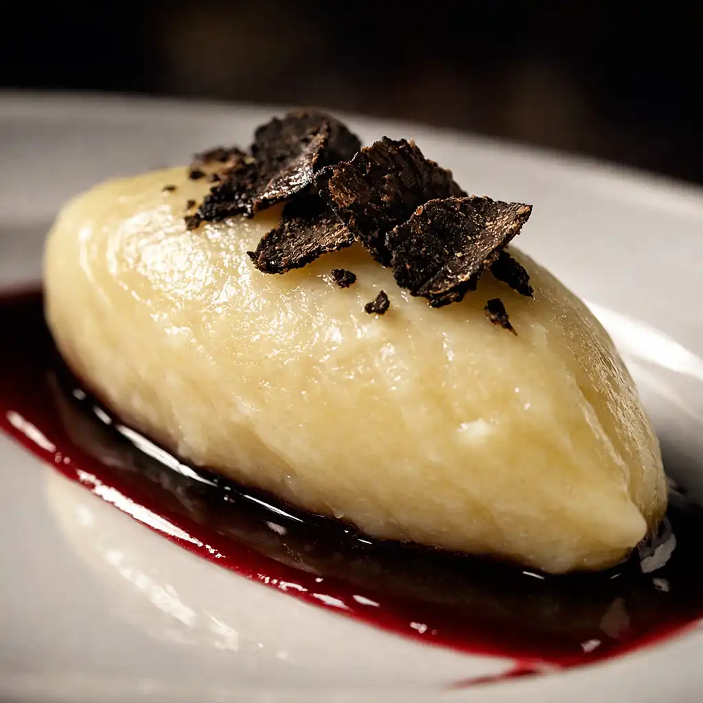 Détail d'une quenelle de purée à la truffe avec sauce au vin rouge