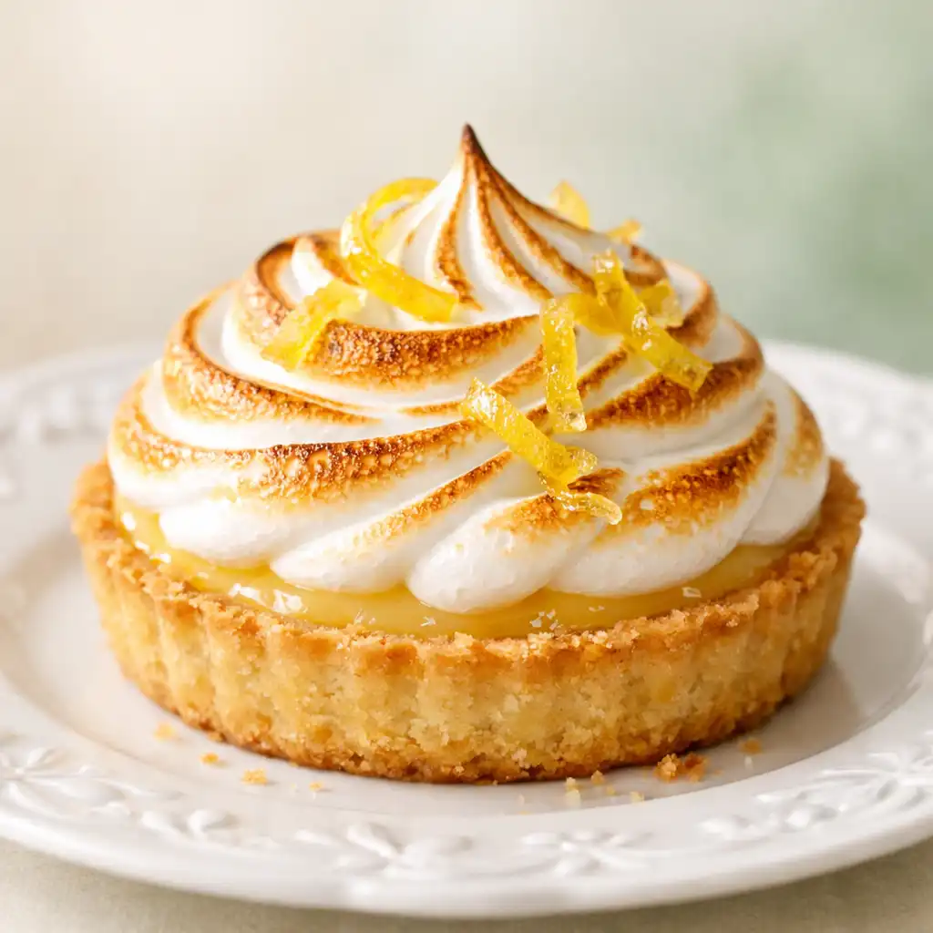 Tarte au citron meringuée avec meringue dorée et zestes confits