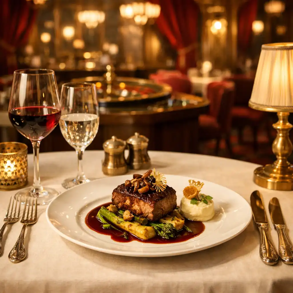 Table de restaurant élégante avec un plat raffiné, verres à vin en cristal et couverts en argent, évoquant le lien entre cuisine et casino