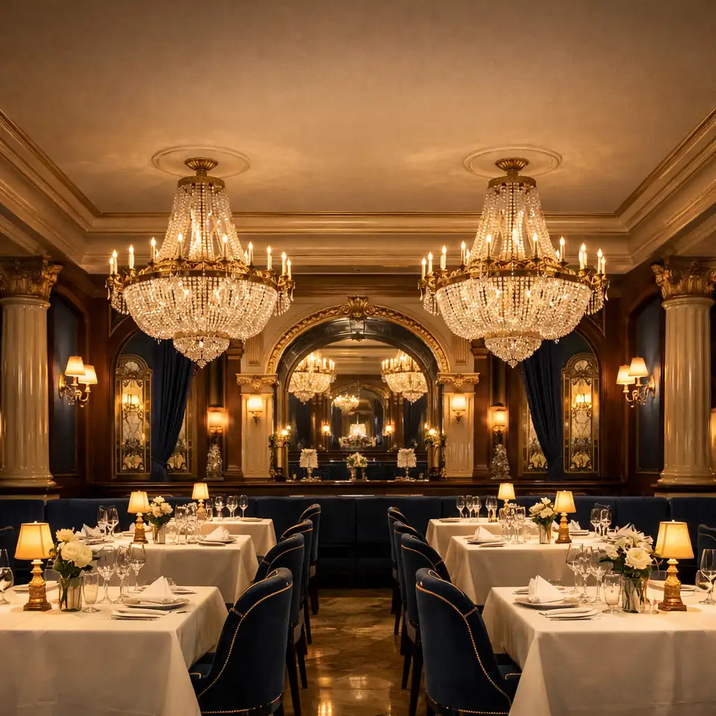 Intérieur élégant du restaurant Les Trois Assiettes avec tables dressées et éclairage chaleureux