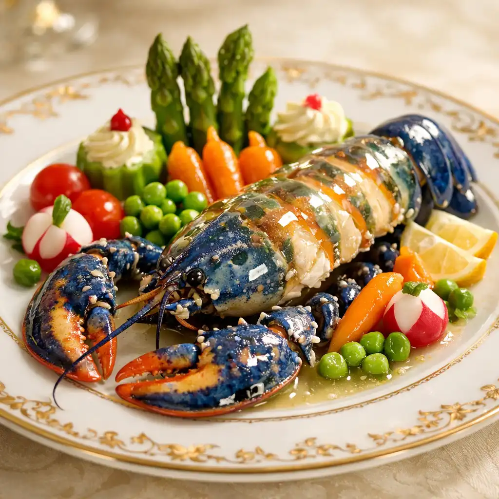 Homard bleu en bellevue avec gelée translucide et légumes primeurs