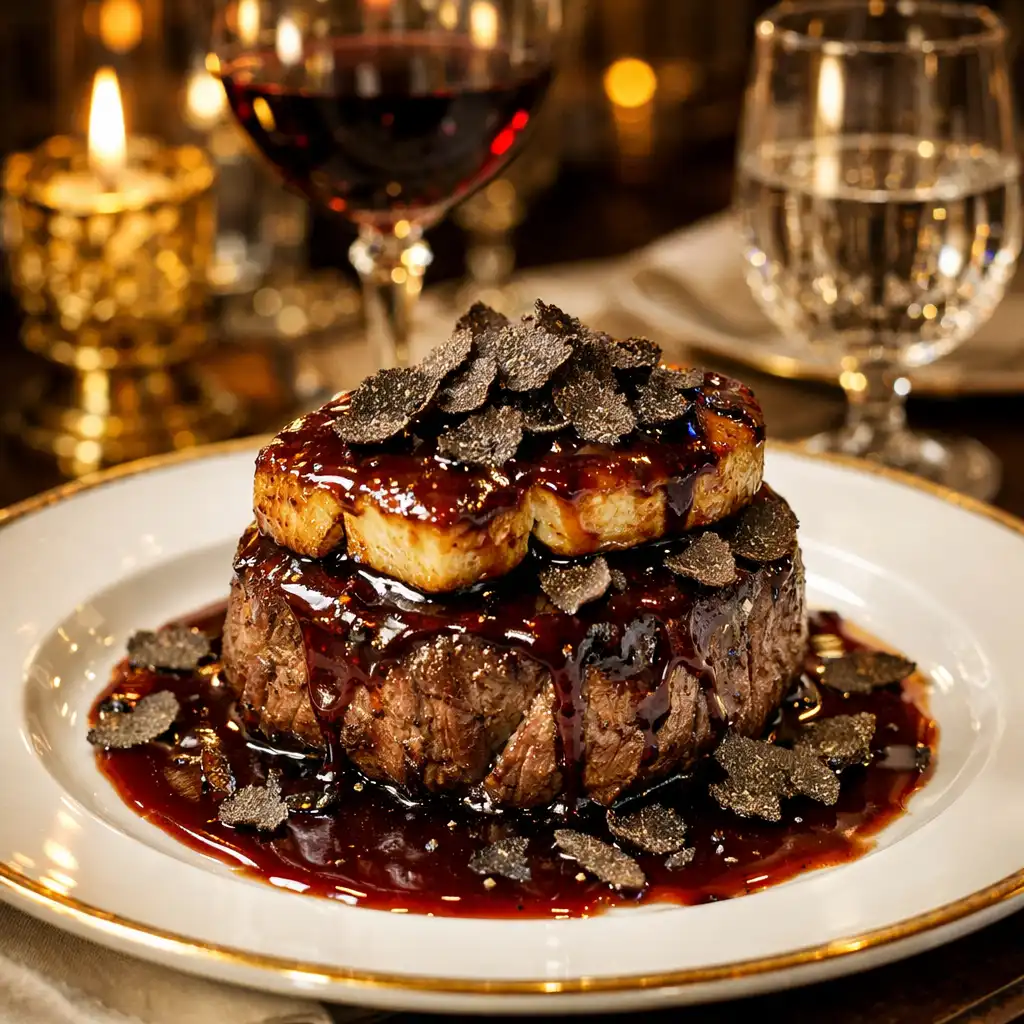 Filet de bœuf Rossini avec escalope de foie gras et sauce au vin rouge