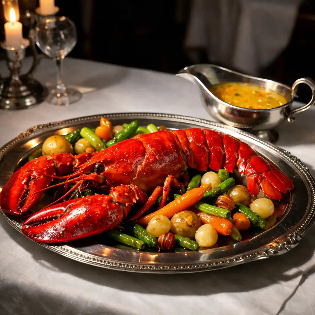 Homard bleu rôti entier avec beurre d'agrumes et légumes glacés