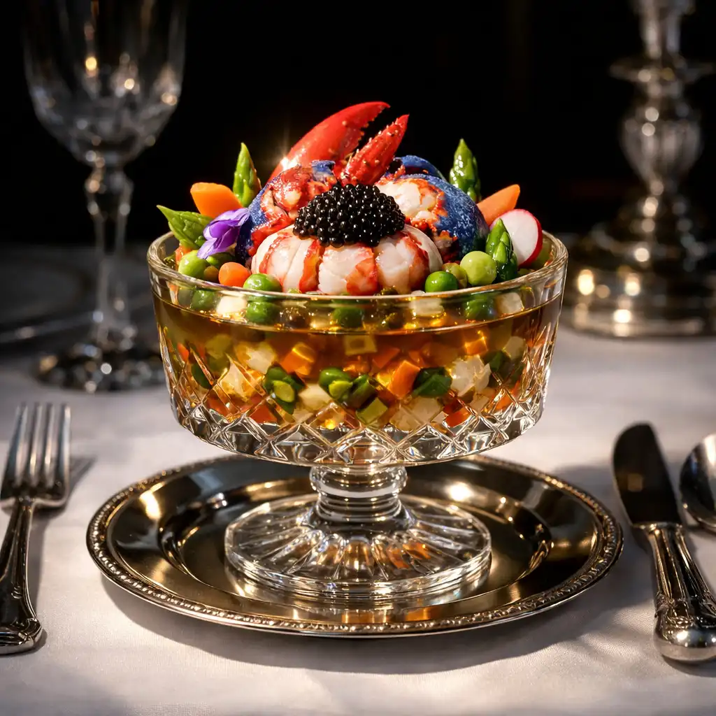 Plat signature Homard en Bellevue présenté dans une verrine en cristal
