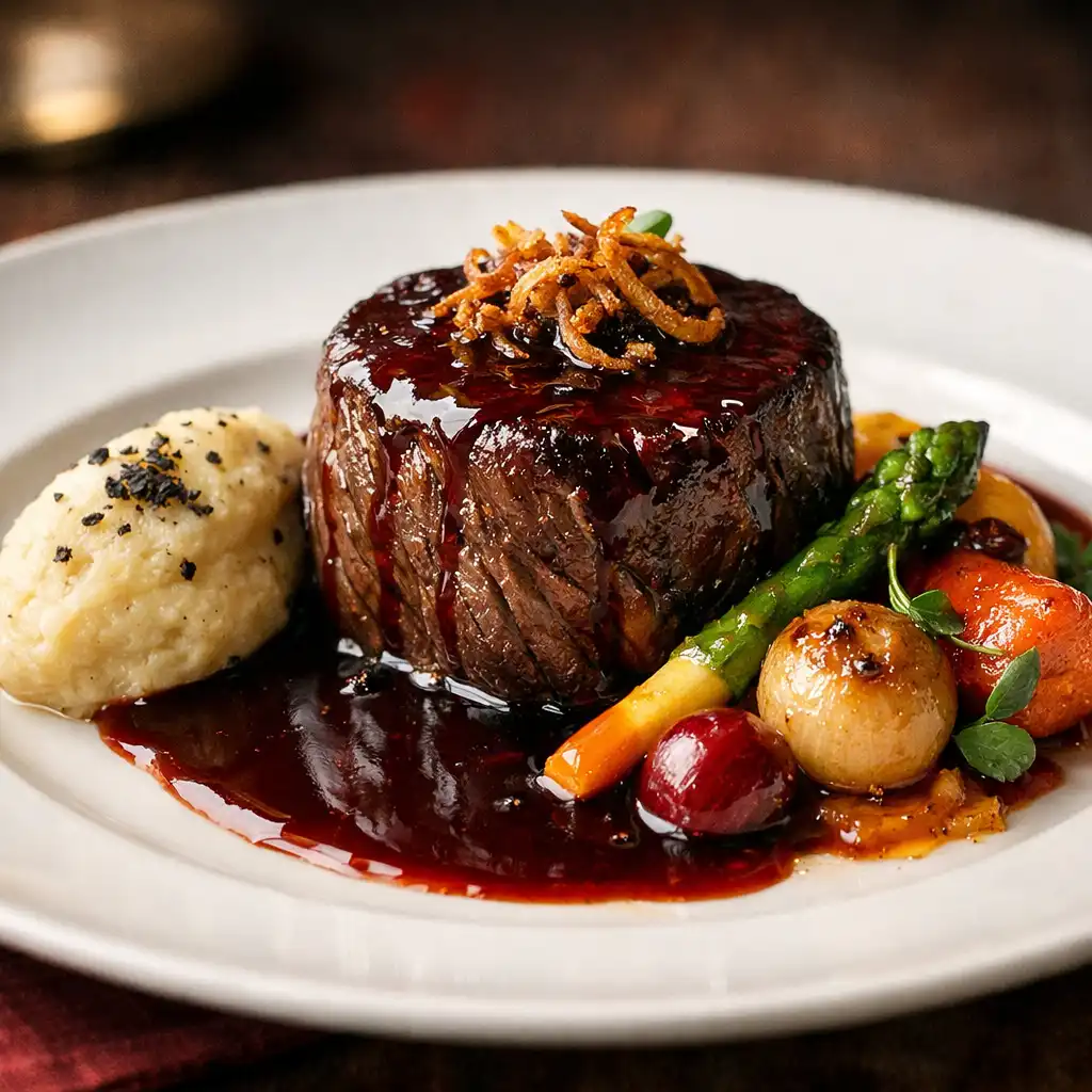 Gros plan d'un plat gastronomique français raffiné : filet de bœuf sauce au vin rouge accompagné de légumes glacés et purée à la truffe