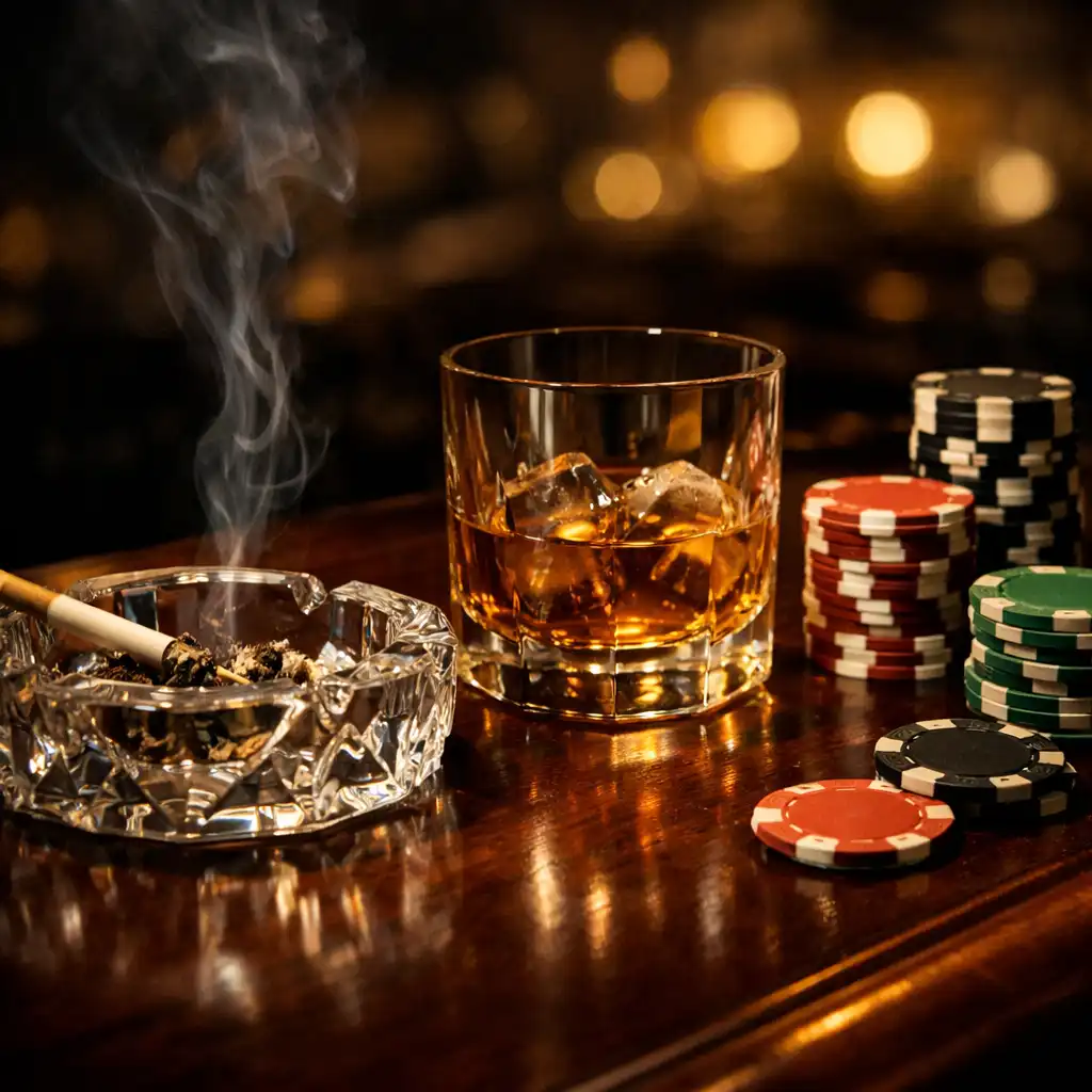 Détail du salon de poker avec cendrier en cristal, verre et jetons empilés