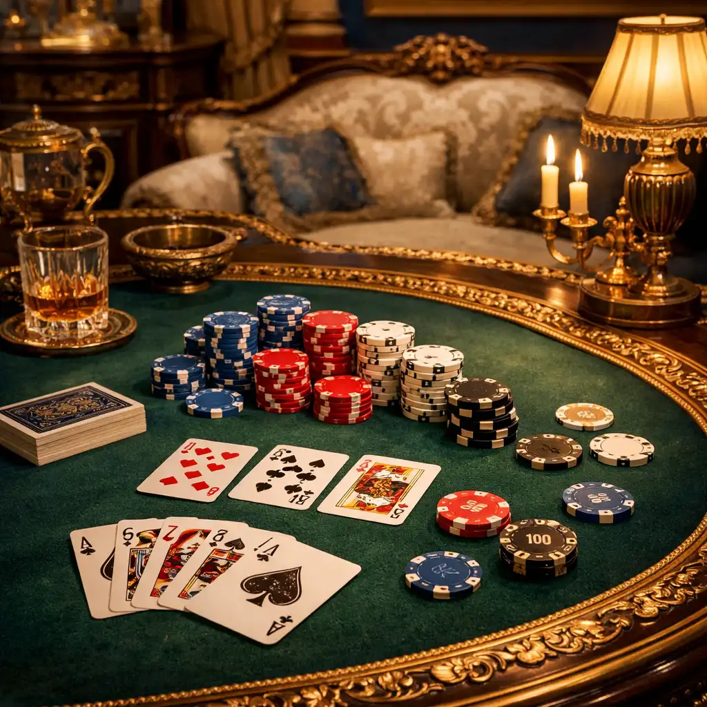 Table de poker élégante avec jetons et cartes dans un salon Belle Époque