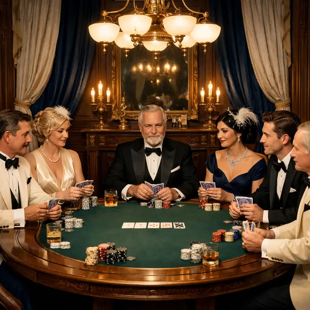Vue d'ensemble d'une table de poker en bois noble dans un salon Belle Époque