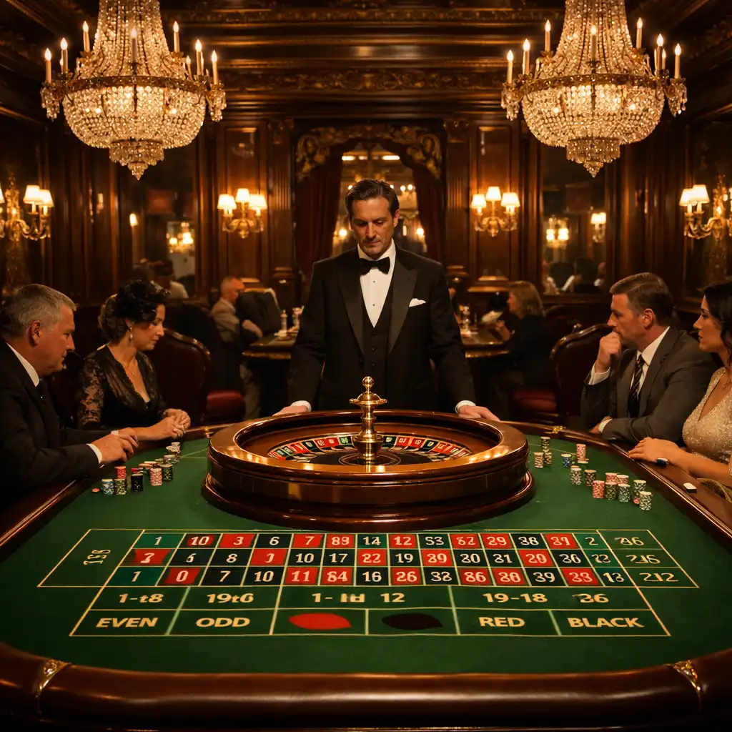 Vue d'ensemble d'une salle de roulette Belle Époque avec table, croupier et lustres