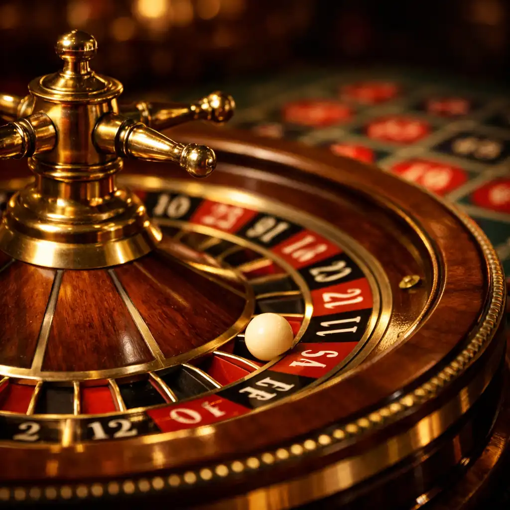 Vue rapprochée d'une roulette de casino en bois et laiton avec la bille sur le cylindre