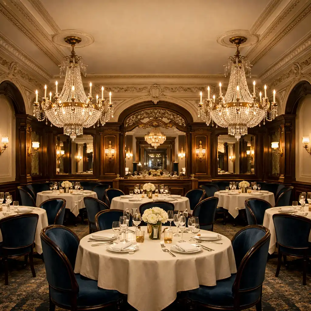 Salle à manger élégante de style Belle Époque avec tables rondes nappées de lin blanc, chaises en velours bleu nuit et lustres en cristal