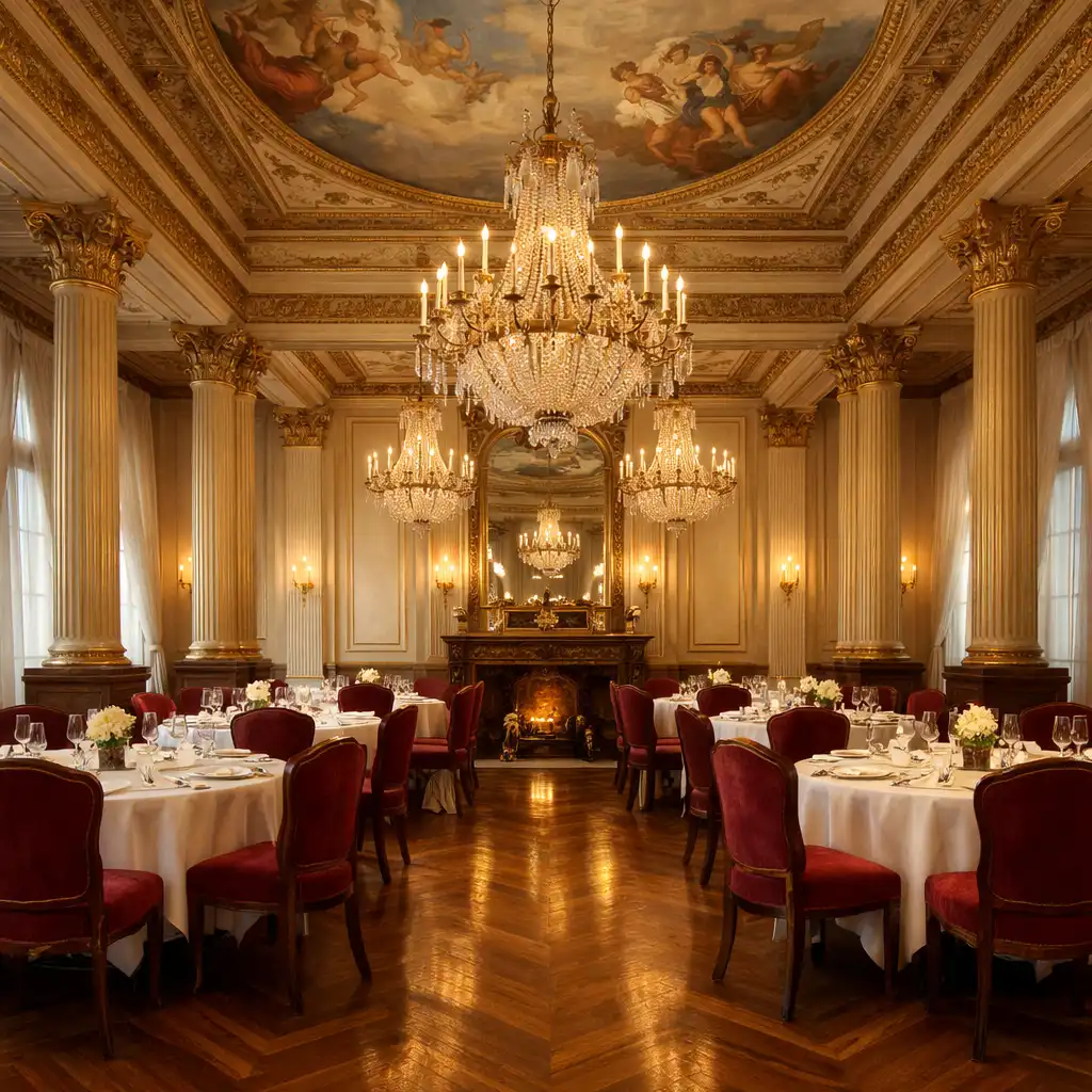 Vue intérieure de la salle à manger Belle Époque avec fresques, lustres en cristal et tables dressées