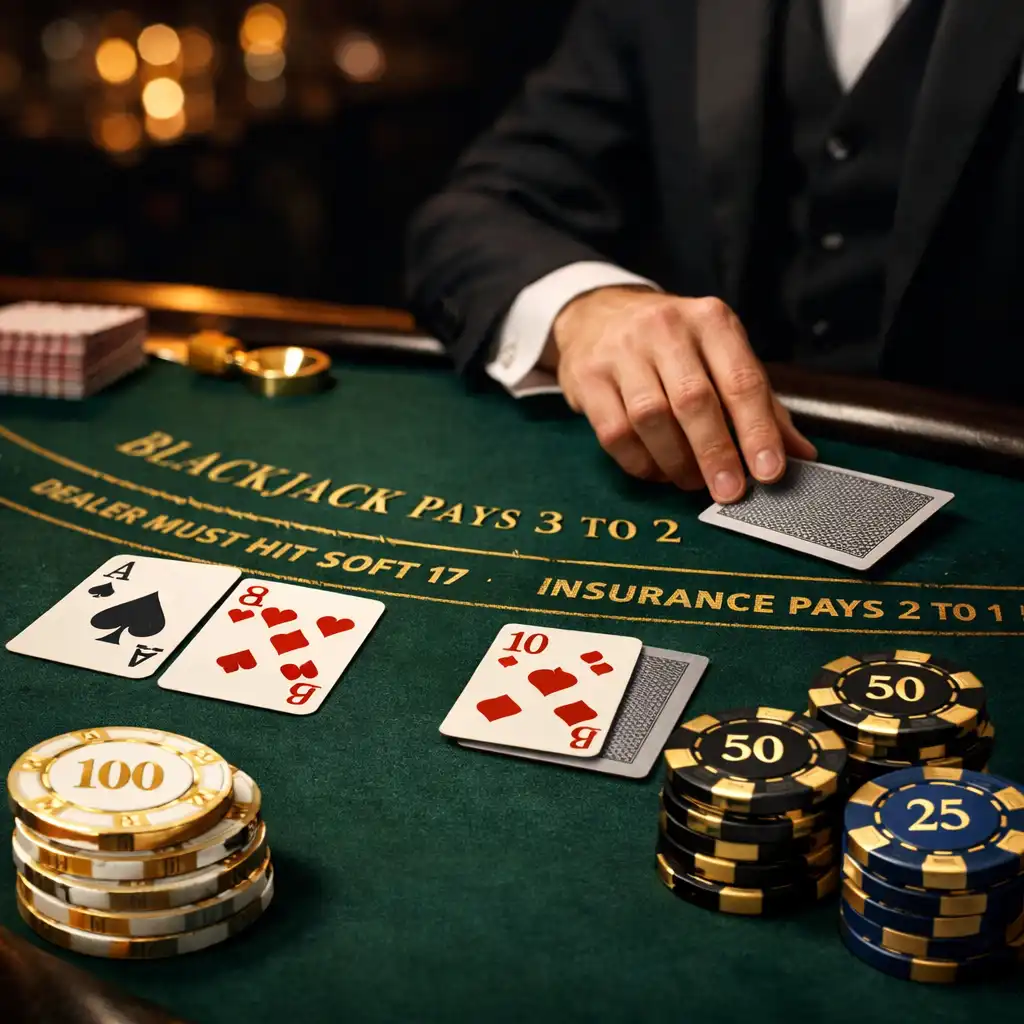 Vue rapprochée d'une table de blackjack élégante avec tapis vert foncé, cartes à jouer et jetons de casino en nacre et or