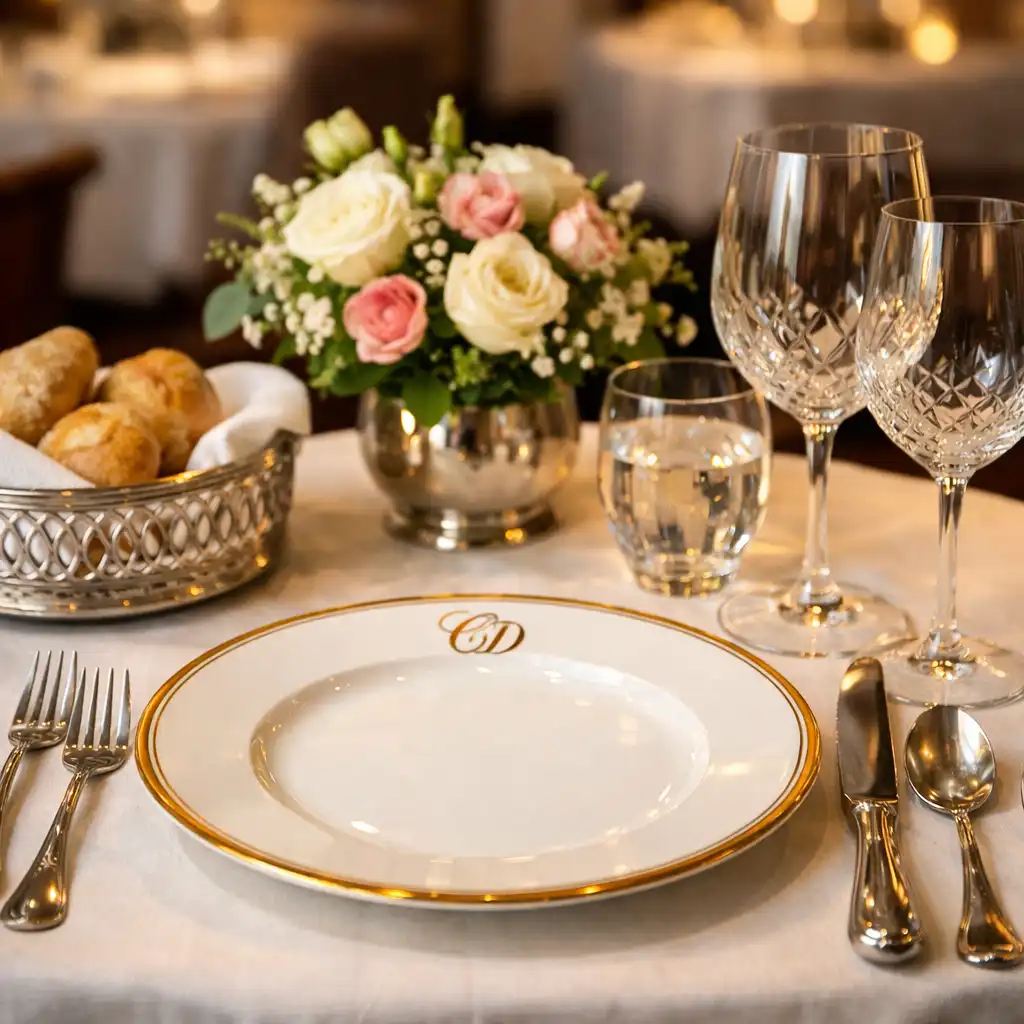 Gros plan sur une table dressée avec porcelaine de Limoges, couverts en argent et verres en cristal
